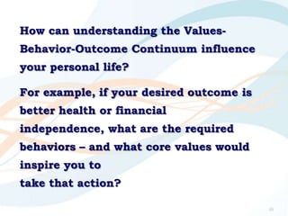 How can understanding the Values-
Behavior-Outcome Continuum influence
your personal life?
For example, if your desired ou...