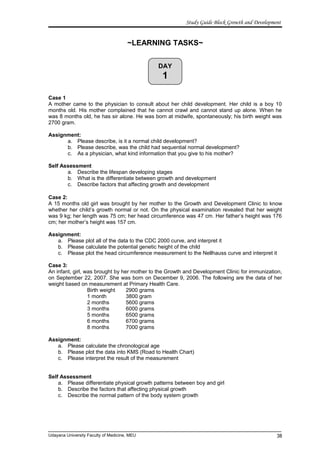 DAY
1
Study Guide Block Growth and Development
~LEARNING TASKS~
Case 1
A mother came to the physician to consult about her child development. Her child is a boy 10
months old. His mother complained that he cannot crawl and cannot stand up alone. When he
was 8 months old, he has sir alone. He was born at midwife, spontaneously; his birth weight was
2700 gram.
Assignment:
a. Please describe, is it a normal child development?
b. Please describe, was the child had sequential normal development?
c. As a physician, what kind information that you give to his mother?
Self Assessment
a. Describe the lifespan developing stages
b. What is the differentiate between growth and development
c. Describe factors that affecting growth and development
Case 2:
A 15 months old girl was brought by her mother to the Growth and Development Clinic to know
whether her child’s growth normal or not. On the physical examination revealed that her weight
was 9 kg; her length was 75 cm; her head circumference was 47 cm. Her father’s height was 176
cm; her mother’s height was 157 cm.
Assignment:
a. Please plot all of the data to the CDC 2000 curve, and interpret it
b. Please calculate the potential genetic height of the child
c. Please plot the head circumference measurement to the Nellhauss curve and interpret it
Case 3:
An infant, girl, was brought by her mother to the Growth and Development Clinic for immunization,
on September 22, 2007. She was born on December 9, 2006. The following are the data of her
weight based on measurement at Primary Health Care.
Birth weight 2900 grams
1 month 3800 gram
2 months 5600 grams
3 months 6000 grams
5 months 6500 grams
6 months 6700 grams
8 months 7000 grams
Assignment:
a. Please calculate the chronological age
b. Please plot the data into KMS (Road to Health Chart)
c. Please interpret the result of the measurement
Self Assessment
a. Please differentiate physical growth patterns between boy and girl
b. Describe the factors that affecting physical growth
c. Describe the normal pattern of the body system growth
Udayana University Faculty of Medicine, MEU 38
 