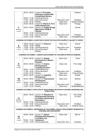 Study Guide Block Growth and Development
08.30 - 09.00
09.00 - 11.00
11.00 - 12.00
12.00 - 12.30
Lecture 8: Principles
Feeding for Infants With
Complicated Delivery
Individual learning
Group discussion
Plenary
-
Discussion room
Class room
Kardana
Facilitator
Soetji & Kardana
7
Wednesday
2 Jan 08
08.00 - 08.30
08.30 - 09.00
09.00 - 11.00
11.00 - 12.00
12.00 - 12.30
Lecture 9: Vitamin A, Fe &
Iodine Deficiencies
Lecture 10: Protein Energy
Malnutrition (PEM) &
Obesity
Individual learning
Group discussion
Plenary
Class room
-
Discussion room
Class room
Prayoga
Suandi
Facilitator
Prayoga&Suandi
LEARNING OUTCOMES 6: INVESTIGATE INFANT OR CHILD WITH SUSPECT FAILURE TO THRIVE
8
Thursday
3 Jan 08
08.00 - 09.00
09.00 - 10.00
10.00 - 12.00
12.00 - 12.30
Lecture 11: Failure to
Thrive
Individual learning
Group discussion
Plenary
Class room
-
Discussion room
Class room
Suandi
Facilitator
Suandi
LEARNING OUTCOMES 7: ASSESS DEVELOPMENT OF CHILDREN IN SPECIFIC DOMAINS
9
Friday
4 Jan 08
08.00 - 08.30
08.30 - 09.00
09.00 - 11.00
11.00 - 12.00
12.00 - 12.30
Lecture 12: Assess
Development in Motoric
Domains
Lecture 13: Assess
Development in
Language Domains
Individual learning
Group discussion
Plenary
Class room
Class room
Discussion room
Class room
Trisna
Prof. Soetji
-
Facilitator
Trisna & Soetji
10
Tuesday
8 Jan 08
08.00 - 08.30
08.30 - 09.00
09.00 - 11.00
11.00 - 12.00
12.00 - 12.30
Lecture 14: Cognitive
Development
Lecture 15: Psychosocial
Development
Individual learning
Group discussion
Plenary
Class room
Class room
-
Discussion room
Class room
Rustika
Marheni
-
Facilitator
Rustika&Marheni
LEARNING OUTCOMES 8: DETECTION OF DEVELOPMENT DEVIATION IN CHILDREN (SCREENING AND
STIMULATION)
11
Wednesday
09 Jan 08
08.00 - 09.00
09.00 - 11.00
11.00 - 12.00
12.00 - 12.30
Lecture 16: Detection of
Developmental Deviation
In Children (Screening &
Stimulation)
Individual learning
Group discussion
Plenary
Class room
-
Discussion room
Class room
Prof. Soetji
& Trisna
-
Facilitator
Soetji & Trisna
LEARNING OUTCOMES 9: AWARENESS OF THE NORMAL SEXUAL DEVELOPMENT SEQUENCE IN
CHILDREN AND ADOLESCENT
12
Friday
11 Jan 08
08.00 - 09.00
09.00 - 11.00
11.00 - 12.00
Lecture 17: Sexual
Developmental Sequence
in Children and
Adolescent
Individual learning
Class room
-
Discussion room
Bikin S
Facilitator
Udayana University Faculty of Medicine, MEU 5
 