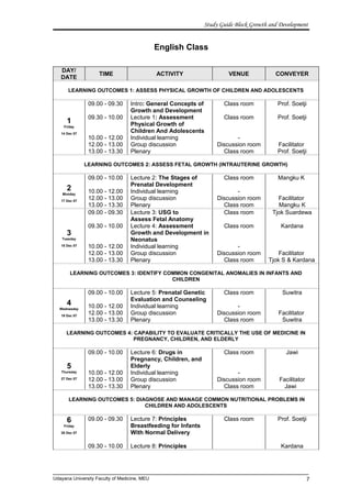 Study Guide Block Growth and Development
English Class
DAY/
DATE
TIME ACTIVITY VENUE CONVEYER
LEARNING OUTCOMES 1: ASSESS PHYSICAL GROWTH OF CHILDREN AND ADOLESCENTS
1
Friday
14 Dec 07
09.00 - 09.30
09.30 - 10.00
10.00 - 12.00
12.00 - 13.00
13.00 - 13.30
Intro: General Concepts of
Growth and Development
Lecture 1: Assessment
Physical Growth of
Children And Adolescents
Individual learning
Group discussion
Plenary
Class room
Class room
-
Discussion room
Class room
Prof. Soetji
Prof. Soetji
Facilitator
Prof. Soetji
LEARNING OUTCOMES 2: ASSESS FETAL GROWTH (INTRAUTERINE GROWTH)
2
Monday
17 Dec 07
09.00 - 10.00
10.00 - 12.00
12.00 - 13.00
13.00 - 13.30
Lecture 2: The Stages of
Prenatal Development
Individual learning
Group discussion
Plenary
Class room
-
Discussion room
Class room
Mangku K
Facilitator
Mangku K
3
Tuesday
18 Dec 07
09.00 - 09.30
09.30 - 10.00
10.00 - 12.00
12.00 - 13.00
13.00 - 13.30
Lecture 3: USG to
Assess Fetal Anatomy
Lecture 4: Assessment
Growth and Development in
Neonatus
Individual learning
Group discussion
Plenary
Class room
Class room
-
Discussion room
Class room
Tjok Suardewa
Kardana
Facilitator
Tjok S & Kardana
LEARNING OUTCOMES 3: IDENTIFY COMMON CONGENITAL ANOMALIES IN INFANTS AND
CHILDREN
4
Wednesday
19 Dec 07
09.00 - 10.00
10.00 - 12.00
12.00 - 13.00
13.00 - 13.30
Lecture 5: Prenatal Genetic
Evaluation and Counseling
Individual learning
Group discussion
Plenary
Class room
-
Discussion room
Class room
Suwitra
Facilitator
Suwitra
LEARNING OUTCOMES 4: CAPABILITY TO EVALUATE CRITICALLY THE USE OF MEDICINE IN
PREGNANCY, CHILDREN, AND ELDERLY
5
Thursday
27 Dec 07
09.00 - 10.00
10.00 - 12.00
12.00 - 13.00
13.00 - 13.30
Lecture 6: Drugs in
Pregnancy, Children, and
Elderly
Individual learning
Group discussion
Plenary
Class room
-
Discussion room
Class room
Jawi
Facilitator
Jawi
LEARNING OUTCOMES 5: DIAGNOSE AND MANAGE COMMON NUTRITIONAL PROBLEMS IN
CHILDREN AND ADOLESCENTS
6
Friday
28 Dec 07
09.00 - 09.30
09.30 - 10.00
Lecture 7: Principles
Breastfeeding for Infants
With Normal Delivery
Lecture 8: Principles
Class room Prof. Soetji
Kardana
Udayana University Faculty of Medicine, MEU 7
 