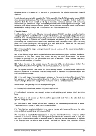 Study Guide Block Growth and Development
challenge leads to increases in LH and FSH in girls (see also the subchapter entitled ‘Pubertal
staging’).
In girls, there is a remarkable exception for FSH in stage B2. High GnRH-stimulated levels of FSH
alone characterize this stage. The FSH response is much lower in stage B3. In their study, they
observed that the mean weight of 48 kg at menarche remained constant with increasing
menarcheal age, while mean height increased significantly with increasing menarcheal age. Later
studies in both female rats and humans showed that a particular ratio of fat to lean body mass is
necessary for puberty to begin and for maintainance of reproductive capacity.
Pubertal staging
In girls, puberty, which begins following increased release of GnRH, can best be defined as the
estrogen-dependent onset of breast development (thelarche), as increased estrogen levels are
the result of an active hypothalamic-pituitary-gonadal axis. Growth of pubic hair (pubarche) begins
following secretion of adrenal and ovarian androgens. In general, pubic hair appears a few
months after the onset of breast development. However, pubic hair development can occur in the
absence of breast development, as the result of an early adrenarche. Below are the 5 stages of
breast development described by Marshall and Tanner.
B1: In this pre-pubertal stage, which persists until puberty begins, only the nipple is raised above
the level of the skin.
B2: In this budding stage, a bud-shaped elevation of the areola and papilla becomes noticeable.
On palpation, a fairly hard “button” can be felt, and may be painful to the touch. The areola
increases in diameter and the surrounding area can be elevated. These changes may occur
earlier in one breast than in the other.
B3: Further elevation of the breasts occurs. The diameter of the areola increases further. The
shape of small adult mammary glands, with continuous contours, is apparent.
B4: Fat deposits increase. The areola and papilla enlarge further. The areola forms a secondary
elevation above that of the breast. This secondary mound is apparent in roughly half of girls and
may persist into adulthood.
B5: In this adult stage, the areola is usually recessed to the general contour of the breast. Pubic
hair grows as a result of exposure to androgens. In girls, these androgens, including DHEA-S, are
of adrenal origin. The ovaries also produce androgens such as 4-androstenedione.
Below are the 6 stages of pubic hair development in girls.
P1: In this pre-pubertal stage, there is no growth of pubic hair.
P2: A few lightly pigmented hairs, usually straight or only slightly curled, appear, chiefly along the
labia.
P3: Pubic hair is still sparse, yet there is definite pigmented, curly hair on the labia that also
spreads onto pubic mons.
P4: Pubic hair is “adult” in type, but the area covered is still considerably smaller than in adults.
There has been no spread of pubic hair up to inguinal fold.
P5: Pubic hair has an adult distribution in an inverse triangle, with horizontal lining on the pubic
mons and lateral spreading up to the inguinal fold.
P6: This stage is reached after adolescence in only in a minority of women. There is a further
extension of pubic hair laterally onto the thighs or upward onto the abdominal wall. In boys, the
first sign of pubertal development is testicular growth. A testicular volume greater than or equal to
4 mL indicates that the gonadal axis is active. Marshall and Tanner have described different
Udayana University Faculty of Medicine, MEU 27
 