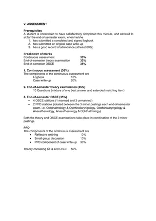 V. ASSESSMENT
Prerequisites
A student is considered to have satisfactorily completed this module, and allowed to
sit for the end-of-semester exam, when he/she
1. has submitted a completed and signed logbook
2. has submitted an original case write-up
3. has a good record of attendance (at least 80%)
Breakdown of marks
Continuous assessment 30%
End-of-semester theory examination 35%
End-of-semester OSCE 35%
1. Continuous assessment (30%)
The components of the continuous assessment are
Logbook 10%
Case write-up 20%
2. End-of-semester theory examination (35%)
10 Questions (mixture of one best answer and extended matching item)
3. End-of-semester OSCE (35%)
• 4 OSCE stations (1 manned and 3 unmanned)
• 2 PPD stations (rotated between the 3 minor postings each end-of-semester
exam, i.e. Ophthalmology & Otorhinolaryngology, Otorhinolaryngology &
Anaesthesiology, Anaesthesiology & Ophthalmology)
Both the theory and OSCE examinations take place in combination of the 3 minor
postings.
PPD
The components of the continuous assessment are
• Reflective writhing 10%
• Small group discussion 10%
• PPD component of case write-up 30%
Theory consisting KFQ and OSCE 50%
 
