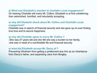 q What was Elizabeth's reaction to charlotte Lucas engagement?
On hearing Charlotte will marry Mr. Collins, Elizabeth is at first unbelieving,
then astonished, horrified, and reluctantly accepting.
q why did Elizabeth shock about Mr. Collins and Charlotte Lucas
engagement?
Charlotte was in search of financial security and she gave up on ever finding
true love and to secure happiness.
q why did Charlotte agree to marry Mr. Collins ?
-She was 27 years old and she felt she was a burden to her family.
-she was in need of a comfortable life and financial security.
q what did Elizabeth accuse Mr. Darcy of ?
Preventing Wickham from getting a preferment due him as an inheritance
from Darcy's father, and separating Jane from Bingley.
 