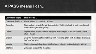 A PASS means I can…
Command Word This means…
Create or Produce Make, invent or construct an item
Describe Give a clear, straightforward description that includes the main points and
links them together logically
Define Explain what a term means and give an example, if appropriate to show
what I mean
Explain Give the meaning of something, with reasons. Start with the topic then give
the ‘how’ or ‘why’
Identify Distinguish and state the main features or basic facts relating to a topic
Interpret Define or explain the meaning
 