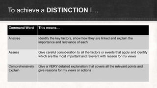 To achieve a DISTINCTION I…
Command Word This means…
Analyse Identify the key factors, show how they are linked and explain the
importance and relevance of each
Assess Give careful consideration to all the factors or events that apply and identify
which are the most important and relevant with reason for my views
Comprehensively
Explain
Give a VERY detailed explanation that covers all the relevant points and
give reasons for my views or actions
 