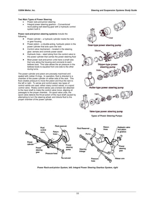 ©2004 Melior, Inc. Steering and Suspension Systems Study Guide
_____________________________________________________________________________________________
_____________________________________________________________________________________________
10
Two Main Types of Power Steering
• Power rack-and-pinion steering
• Integral power steering gearbox – Conventional
recirculating ball steering gear with a hydraulic control
system built in
Power rack-and-pinion steering systems include the
following:
• Power cylinder – a hydraulic cylinder inside the rack
or gear housing
• Power piston – a double-acting, hydraulic piston in the
power cylinder that acts upon the rack
• Control valve mechanism – located in the steering
gear; senses and controls power assist
• Hydraulic lines – steel tubing from the control valve to
the power cylinder that carries the power steering fluid
• Most power rack-and-pinion units have a small tube
that runs along the housing and connects to each
bellows boot. This tube allows the air pressure in the
bellows boots to equalize from one side to the other
during turns.
The power cylinder and piston are precisely machined and
sealed with rubber O-rings. In operation, fluid is directed to a
chamber of the power cylinder on either side of the rack. This
fluid creates pressure to move the piston and thus the rack to
the left or right. To sense and control assist, two types of
control valves are used: either rotary control valves, or a spool
control valve. Rotary control valves use a torsion bar attached
to the input shaft to make the control valve move, aligning oil
passages to the proper chamber. On spool valve units, the
spool valve detects the thrust action of the input shaft caused by
attempting to turn the steering wheel, and directs fluid to the
proper chamber of the power cylinder.
T
y
p
e
s
Types of Power Steering Pumps
Power Rack-and-pinion System, left; Integral Power Steering Gearbox System, right
 