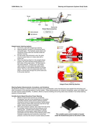 ©2004 Melior, Inc. Steering and Suspension Systems Study Guide
_____________________________________________________________________________________________
_____________________________________________________________________________________________
11
Power Rack-and-pinion
Integral power steering systems
• Commonly used with linkage-type steering
• Steering gearbox contains a conventional worm-
and-sector gear. The hydraulic power piston and
directional control valve are mounted inside the
gearbox housing.
• As with power rack-and-pinion units, the valve
may be a spool valve or a rotary valve with a
torsion bar.
• When the steering wheel is in the straight-ahead
position, the valve maintains equal pressure on
both sides of the power piston. Oil flows back to
the pump reservoir. During a turn, the control
valve routes oil to one side of the power piston,
which pushes it in the desired direction to provide
assist. The oil on the non-pressurized side of the
piston is forced back through the control valve and
to the pump reservoir.
Integral Power Steering Gearbox
Steering System Advancements, Innovations, and Variations
As electronic controls on vehicles continue to become more sophisticated, some manufacturers have applied this technology and
other innovations in the steering systems of some models. These advancements can conserve horsepower, space, and weight, and
can also improve maneuverability. In addition, efforts to improve handling and turning radius have resulted in four-wheel steering
systems of several types.
Variable Assist (Speed Sensitive) Power Steering
• Efforts to improve fuel economy by conserving
horsepower have led to the development of computer-
controlled hydraulic and/or electric steering systems.
Varying the amount of assist according to vehicle speed
helps conserve power while improving road feel at high
speed, where less assist is desirable.
• With some hydraulic systems, fluid output from the pump
is controlled; others control the fluid pressure at the
steering gear. Variable assist systems use signals
pertaining to vehicle speed, engine RPM, and other
parameters from the Vehicle Control Module and/or other
modules to determine and control the correct fluid
pressure, and thus the amount of power assist provided.
This variable assist control module is located
under the footwell kick panel on the driver’s side.
 
