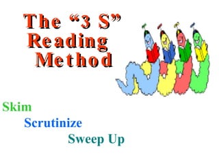 <ul><li>The “3 S” Reading  Method   </li></ul>Skim  Scrutinize Sweep Up 