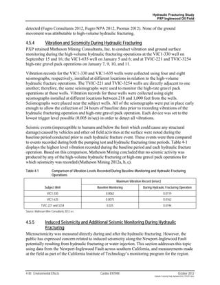 Hydraulic Fracturing Study
                                                                                               PXP Inglewood Oil Field


detected (Fugro Consultants 2012, Fugro NPA 2012, Psomas 2012). None of the ground
movement was attributable to high-volume hydraulic fracturing.

4.5.4            Vibration and Seismicity During Hydraulic Fracturing
PXP retained Matheson Mining Consultants, Inc. to conduct vibration and ground surface
monitoring during the high-volume hydraulic fracturing operations at the VIC1-330 well on
September 15 and 16; the VIC1-635 well on January 5 and 6; and at TVIC-221 and TVIC-3254
high-rate gravel pack operations on January 7, 9, 10, and 11.

Vibration records for the VIC1-330 and VIC1-635 wells were collected using four and eight
seismographs, respectively, installed at different locations in relation to the high-volume
hydraulic fracture operations. The TVIC-221 and TVIC-3254 wells are directly adjacent to one
another; therefore, the same seismographs were used to monitor the high-rate gravel pack
operations at these wells. Vibration records for these wells were collected using eight
seismographs installed at different locations between 218 and 1,000 feet from the wells.
Seismographs were placed near the subject wells. All of the seismographs were put in place early
enough to allow the collection of 24 hours of baseline data prior to recording vibrations of the
hydraulic fracturing operation and high-rate gravel pack operation. Each device was set to the
lowest trigger level possible (0.005 in/sec) in order to detect all vibrations.

Seismic events (imperceptible to humans and below the limit which could cause any structural
damage) caused by vehicles and other oil field activities at the surface were noted during the
baseline period conducted prior to each hydraulic fracture event. These events were then compared
to events recorded during both the pumping test and hydraulic fracturing time periods. Table 4-1
displays the highest level vibration recorded during the baseline period and each hydraulic fracture
operation. Based on this comparison, Matheson Mining concluded that no seismic activity was
produced by any of the high-volume hydraulic fracturing or high-rate gravel pack operations for
which seismicity was recorded (Matheson Mining 2012a, b, c).

Table 4-1             Comparison of Vibration Levels Recorded During Baseline Monitoring and Hydraulic Fracturing
                      Operations
                                                                   Maximum Vibration Record (in/sec)
                Subject Well                        Baseline Monitoring               During Hydraulic Fracturing Operation
                  VIC1-330                                0.0062                                           0.0119
                  VIC1-635                                0.0075                                           0.0162
             TVIC-221 and 3254                             0.025                                           0.0194
Source: Matheson Mine Consultants 2012 a-c


4.5.5            Induced Seismicity and Additional Seismic Monitoring During Hydraulic
                 Fracturing
Microseismicity was measured directly during and after the hydraulic fracturing. However, the
public has expressed concern related to induced seismicity along the Newport-Inglewood Fault
potentially resulting from hydraulic fracturing or water injection. This section addresses this topic
using data from the Newport-Inglewood Fault across southern California, and measurements made
at the field as part of the California Institute of Technology’s monitoring program for the region.



4-30 Environmental Effects                             Cardno ENTRIX                                                            October 2012
                                                                                               Hydraulic Fracturing Study_Inglewood Field_10102012.docx
 
