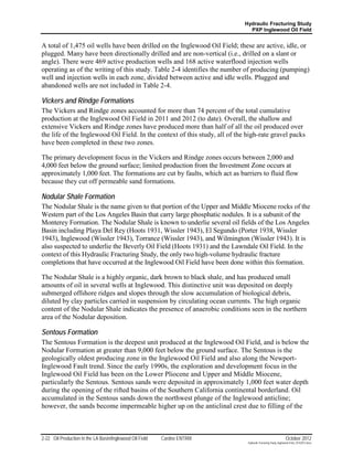 Hydraulic Fracturing Study
                                                                               PXP Inglewood Oil Field


A total of 1,475 oil wells have been drilled on the Inglewood Oil Field; these are active, idle, or
plugged. Many have been directionally drilled and are non-vertical (i.e., drilled on a slant or
angle). There were 469 active production wells and 168 active waterflood injection wells
operating as of the writing of this study. Table 2-4 identifies the number of producing (pumping)
well and injection wells in each zone, divided between active and idle wells. Plugged and
abandoned wells are not included in Table 2-4.

Vickers and Rindge Formations
The Vickers and Rindge zones accounted for more than 74 percent of the total cumulative
production at the Inglewood Oil Field in 2011 and 2012 (to date). Overall, the shallow and
extensive Vickers and Rindge zones have produced more than half of all the oil produced over
the life of the Inglewood Oil Field. In the context of this study, all of the high-rate gravel packs
have been completed in these two zones.

The primary development focus in the Vickers and Rindge zones occurs between 2,000 and
4,000 feet below the ground surface; limited production from the Investment Zone occurs at
approximately 1,000 feet. The formations are cut by faults, which act as barriers to fluid flow
because they cut off permeable sand formations.

Nodular Shale Formation
The Nodular Shale is the name given to that portion of the Upper and Middle Miocene rocks of the
Western part of the Los Angeles Basin that carry large phosphatic nodules. It is a subunit of the
Monterey Formation. The Nodular Shale is known to underlie several oil fields of the Los Angeles
Basin including Playa Del Rey (Hoots 1931, Wissler 1943), El Segundo (Porter 1938, Wissler
1943), Inglewood (Wissler 1943), Torrance (Wissler 1943), and Wilmington (Wissler 1943). It is
also suspected to underlie the Beverly Oil Field (Hoots 1931) and the Lawndale Oil Field. In the
context of this Hydraulic Fracturing Study, the only two high-volume hydraulic fracture
completions that have occurred at the Inglewood Oil Field have been done within this formation.

The Nodular Shale is a highly organic, dark brown to black shale, and has produced small
amounts of oil in several wells at Inglewood. This distinctive unit was deposited on deeply
submerged offshore ridges and slopes through the slow accumulation of biological debris,
diluted by clay particles carried in suspension by circulating ocean currents. The high organic
content of the Nodular Shale indicates the presence of anaerobic conditions seen in the northern
area of the Nodular deposition.

Sentous Formation
The Sentous Formation is the deepest unit produced at the Inglewood Oil Field, and is below the
Nodular Formation at greater than 9,000 feet below the ground surface. The Sentous is the
geologically oldest producing zone in the Inglewood Oil Field and also along the Newport-
Inglewood Fault trend. Since the early 1990s, the exploration and development focus in the
Inglewood Oil Field has been on the Lower Pliocene and Upper and Middle Miocene,
particularly the Sentous. Sentous sands were deposited in approximately 1,000 feet water depth
during the opening of the rifted basins of the Southern California continental borderland. Oil
accumulated in the Sentous sands down the northwest plunge of the Inglewood anticline;
however, the sands become impermeable higher up on the anticlinal crest due to filling of the



2-22 Oil Production in the LA Basin/Inglewood Oil Field   Cardno ENTRIX                                        October 2012
                                                                              Hydraulic Fracturing Study_Inglewood Field_10102012.docx
 