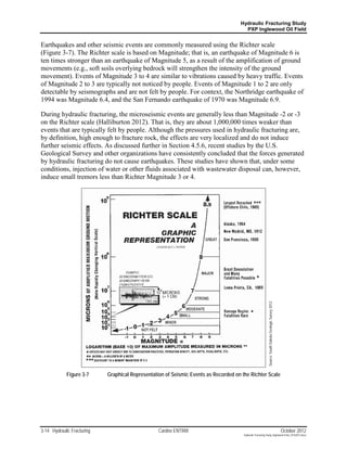 Hydraulic Fracturing Study
                                                                                       PXP Inglewood Oil Field


Earthquakes and other seismic events are commonly measured using the Richter scale
(Figure 3-7). The Richter scale is based on Magnitude; that is, an earthquake of Magnitude 6 is
ten times stronger than an earthquake of Magnitude 5, as a result of the amplification of ground
movements (e.g., soft soils overlying bedrock will strengthen the intensity of the ground
movement). Events of Magnitude 3 to 4 are similar to vibrations caused by heavy traffic. Events
of Magnitude 2 to 3 are typically not noticed by people. Events of Magnitude 1 to 2 are only
detectable by seismographs and are not felt by people. For context, the Northridge earthquake of
1994 was Magnitude 6.4, and the San Fernando earthquake of 1970 was Magnitude 6.9.

During hydraulic fracturing, the microseismic events are generally less than Magnitude -2 or -3
on the Richter scale (Halliburton 2012). That is, they are about 1,000,000 times weaker than
events that are typically felt by people. Although the pressures used in hydraulic fracturing are,
by definition, high enough to fracture rock, the effects are very localized and do not induce
further seismic effects. As discussed further in Section 4.5.6, recent studies by the U.S.
Geological Survey and other organizations have consistently concluded that the forces generated
by hydraulic fracturing do not cause earthquakes. These studies have shown that, under some
conditions, injection of water or other fluids associated with wastewater disposal can, however,
induce small tremors less than Richter Magnitude 3 or 4.




                                                                                                            Source: South Dakota Geologic Survey 2012




             Figure 3-7     Graphical Representation of Seismic Events as Recorded on the Richter Scale




3-14 Hydraulic Fracturing                         Cardno ENTRIX                                                                                         October 2012
                                                                                       Hydraulic Fracturing Study_Inglewood Field_10102012.docx
 