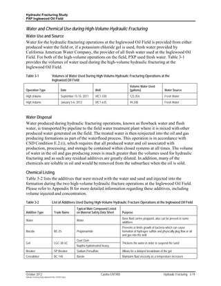 Hydraulic Fracturing Study
PXP Inglewood Oil Field


Water and Chemical Use during High-Volume Hydraulic Fracturing
Water Use and Source
Water for the hydraulic fracturing operations at the Inglewood Oil Field is provided from either
produced water the field or, if a potassium chloride gel is used, fresh water provided by
California American Water Company, the provider of all fresh water used at the Inglewood Oil
Field. For both of the high-volume operations on the field, PXP used fresh water. Table 3-1
provides the volumes of water used during the high-volume hydraulic fracturing at the
Inglewood Oil Field.

Table 3-1                           Volumes of Water Used During High-Volume Hydraulic Fracturing Operations at the
                                    Inglewood Oil Field
                                                                                                        Volume Water Used
Operation Type                                  Date                       Well                         (gallons)                      Water Source
High Volume                                     September 15-16, 2011      VIC1-330                     123,354                        Fresh Water
High Volume                                     January 5-6, 2012          VIC1-635                     94,248                         Fresh Water



Water Disposal
Water produced during hydraulic fracturing operations, known as flowback water and flush
water, is transported by pipeline to the field water treatment plant where it is mixed with other
produced water generated on the field. The treated water is then reinjected into the oil and gas
producing formations as part of the waterflood process. This operation is in accordance with
CSD Condition E.2.(i), which requires that all produced water and oil associated with
production, processing, and storage be contained within closed systems at all times. The volume
of water in the oil and gas producing zones is much greater than the volumes used for hydraulic
fracturing and as such any residual additives are greatly diluted. In addition, many of the
chemicals are soluble in oil and would be removed from the subsurface when the oil is sold.

Chemical Listing
Table 3-2 lists the additives that were mixed with the water and sand and injected into the
formation during the two high-volume hydraulic fracture operations at the Inglewood Oil Field.
Please refer to Appendix B for more detailed information regarding these additives, including
volume injected and concentration.

Table 3-2                           List of Additives Used During High-Volume Hydraulic Fracture Operations at the Inglewood Oil Field
                                                            Typical Main Compound Listed
Additive Type                          Trade Name           on Material Safety Data Sheet         Purpose
                                                                                                  Base fluid carries proppant, also can be present in some
Water                                                       Water
                                                                                                  additives
                                                                                                  Prevents or limits growth of bacteria which can cause
Biocide                                BE-3S                Propionamide                          formation of hydrogen sulfide and physically plug flow or oil
                                                                                                  and gas into the well
                                                            Guar Gum
Gel                                    LGC-38 UC                                                  Thickens the water in order to suspend the sand
                                                            Naptha hydrotreated heavy
Breaker                                SP Breaker           Sodium Persulfate                     Allows for a delayed breakdown of the gel
Crosslinker                            BC-140               Borate                                Maintains fluid viscosity as a temperature increases




October 2012                                                                      Cardno ENTRIX                                       Hydraulic Fracturing 3-19
Hydraulic Fracturing Study_Inglewood Field_10102012.docx
 