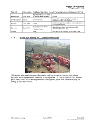 Hydraulic Fracturing Study
                                                                                                          PXP Inglewood Oil Field

Table 3-2            List of Additives Used During High-Volume Hydraulic Fracture Operations at the Inglewood Oil Field
                                        Typical Main Compound Listed
Additive Type         Trade Name        on Material Safety Data Sheet        Purpose
                                                                             Adjusts pH to proper range for fluid to maintain the
pH Adjusting Agent    MO-67             Sodium Hydroxide
                                                                             effectiveness of other fluid components
                                                                             Aids in recovery of water used during fracturing operation by
Surfactant            Losurf-300M       Ethanol
                                                                             reducing surface tension
                                        Alkylated quaternary chloride        Clay-stabilization additive which helps prevent fluid
Clay control          Clayfix II Plus
                                        Potassium chloride                   interaction with formation clays
Proppant                                Silica                               Holds open fracture to allow oil and gas to flow to well



3.2.3           Images from January 2012 Completion Operations




This section presents photographs taken during high-rate gravel packing and high-volume
hydraulic fracturing operations conducted at the Inglewood Oil Field in January 2012. The first
photo above shows the overall requirements for a high-rate gravel pack completion; they are
setting up near the wellhead.




3-20 Hydraulic Fracturing                                    Cardno ENTRIX                                                                 October 2012
                                                                                                          Hydraulic Fracturing Study_Inglewood Field_10102012.docx
 