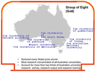 Group of Eight
                                                       (Go8)




                                                              The University
                                                              of Queensland
                         The University
The University of        of
Western Australia        New South Wales
                The University             The University
                of Adelaide                of Sydney
                                         The Australian
                 Monash University       National
       The University of Melbourne       University



         •   Nurtured every Nobel prize winner
         •   Most research concentrated of all Australian universities
         •   Account for more than two thirds of Australian university
             research activity, research output and research training.
 