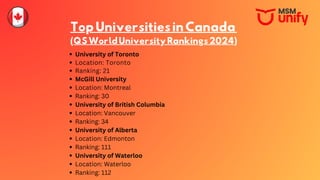 TopUniversitiesinCanada
(QSWorldUniversityRankings2024)
University of Toronto
Location: Toronto
Ranking: 21
McGill University
Location: Montreal
Ranking: 30
University of British Columbia
Location: Vancouver
Ranking: 34
University of Alberta
Location: Edmonton
Ranking: 111
University of Waterloo
Location: Waterloo
Ranking: 112
 