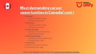 Mostdemandingcareer
opportunitiesinCanada(cont.)
Plumber
Industry: Skilled Trades
Demand Level: High
Electrician
Industry: Skilled Trades
Demand Level: High
Project Manager
Industry: Various Industries
Demand Level: High
Marketing Manager
Industry: Business & Marketing
Demand Level: High
Accountant
Industry: Business & Finance
Demand Level: High
These roles highlight some of the best career opportunities in Canada.
 