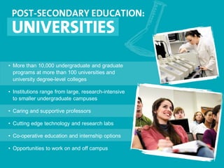 • More than 10,000 undergraduate and graduate
programs at more than 100 universities and
university degree-level colleges
• Institutions range from large, research-intensive
to smaller undergraduate campuses
• Caring and supportive professors
• Cutting edge technology and research labs
• Co-operative education and internship options
• Opportunities to work on and off campus
 