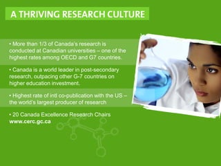 • More than 1/3 of Canada’s research is
conducted at Canadian universities – one of the
highest rates among OECD and G7 countries.
• Canada is a world leader in post-secondary
research, outpacing other G-7 countries on
higher education investment.
• Highest rate of intl co-publication with the US –
the world’s largest producer of research
• 20 Canada Excellence Research Chairs
www.cerc.gc.ca
 