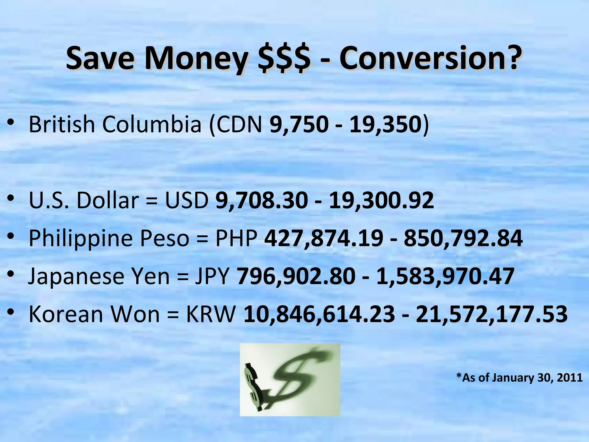 Save Money $$$ - Conversion?
• British Columbia (CDN 9,750 - 19,350)

•   U.S. Dollar = USD 9,708.30 - 19,300.92
•   Philippine Peso = PHP 427,874.19 - 850,792.84
•   Japanese Yen = JPY 796,902.80 - 1,583,970.47
•   Korean Won = KRW 10,846,614.23 - 21,572,177.53

                                          *As of January 30, 2011
 