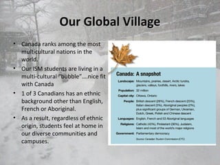 Our Global VillageOur Global Village
• Canada ranks among the most
multicultural nations in the
world.
• Our ISM students are living in a
multi-cultural “bubble”….nice fit
with Canada
• 1 of 3 Canadians has an ethnic
background other than English,
French or Aboriginal.
• As a result, regardless of ethnic
origin, students feel at home in
our diverse communities and
campuses.
 
