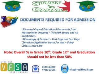 Scanned Copy of Educational Documents from
          Matriculation Onwards – (All Mark Sheets and All
          Certificates).
          Photocopy of Passport – First Page and Last Page
          Previous Application Status for Visa – If Any
          IELTS Score Card

Note: Overall % in Grade 10th, Grade 12th and Graduation
              should not be less than 50%

                           81464 24000
                           97812 22556            vfsa@rediffmail.com
 