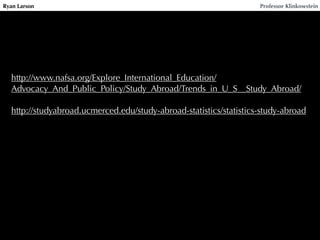 Ryan Larson Professor Klinkowstein
http://www.nafsa.org/Explore_International_Education/
Advocacy_And_Public_Policy/Study_Abroad/Trends_in_U_S__Study_Abroad/
!
http://studyabroad.ucmerced.edu/study-abroad-statistics/statistics-study-abroad