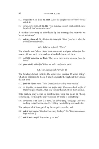 92                            domenyk eades

(12) wa yišarbu-h kill n-nās bū hnāk ‘All of the people who were there would
     drink it’.
(13) mītēn, mīya ṯǝlāṯ, āḏǝ bū ḏāk. ‘Two hundred [goats], one hundred, three
     hundred; that’s what was there’.
A relative clause may be introduced by the interrogative pronoun mā
‘what, whatever’:
(14) mā šāyyifann-ah bū yilibsina-h l-badwiyāt. ‘What [you] see is what the
     Bedouin women wear’.

                        6.3. Relative Adverb ‘When’
The adverbs min ‘when (from that moment)’ and yōm ‘when (at that
moment)’ are used to introduce adverbial clauses of time:
(15) mōǧūdāt min ǧīna mi l-bēt. ‘They were there when we came from the
     house’.
(16) yōm nimši, mitkasḥīn ‘When we walk, [we] are in pain’.

                      6.4. The Existential Particle: šē
The Šawāwī dialect exhibits the existential marker šē ‘exist; thing’,
which is common to both B and S dialects throughout the Omani
dialect area:
(17) ḥmīr šē; l-ḥmīr barra ‘There [were] donkeys; they were outside’.
(18) lō šē ṣahha, al-ḥamdu lillāh ʿala faḏ̣īla hāḏi! ‘If we were healthy [lit. if
     there was good health], then [we would] thank God for this blessing’.
This particle may occur in combination with the noun šē ‘thing,
something’, forming the expression šē šē ‘there is something’:
(19) awwal ma šē šē sāxin u šē bārid. kill awwal ṭāziǧ. ‘Long ago there was
     nothing [eaten] hot or cold. Everything [we ate] long ago was fresh’.
The existential šē is negated by the negative marker mā:
(20) mā šē ḥmīr maʿna. ‘We don’t have any donkeys’. [lit. ‘There are no don-
     keys with us’.]
(21) mā šē xsārǝ wāɟid. ‘It wasn’t a great loss’.
 