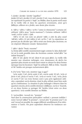 l’arabe de Damas à la fin des années 1970                     123

5. farāše / farrāše / fǝrrēše “papillon”
farāše (22 inf.), farrāše (13 inf.) ; fǝrrēše (5 inf., tous chrétiens). farrāše
est représenté en partie à ʾAṣṣāʿ, au Mīdān, dans la partie nord ouest
de la vieille ville et dans les quartiers avoisinants, ainsi qu’à
Ṣālḥiyye ; ailleurs on a farāše, sans doute plus récente.

6. ʿǝllēʾa / ʿallēʾa / ʿallāʾa / taʿlīʾa “cintre (à vêtements)” (certains inf.
utilisent ʿallāʾa pour “porte-manteau”). Certains utilisent ʿallāʾet
ʾawāʿi, taʿlīʾet ʾawāʿi / tyāb.
 ʿǝllēʾa 12 inf. (on note un pluriel ʿalāli, à côté du plus usuel
ʿǝllēʾāt) ; ʿallēʾa 12 inf.;ʿallāʾa 6 inf. ; taʿlīʾa 7 inf. La répartition ne
permet pas de décider que ʿǝllēʾa serait une forme plus ancienne, ou
un emprunt (libanais) ensuite ‘damascénisé’.

7. ḍōže / ḍažže “bruit, vacarme”
La forme ḍōže semble unanimement jugée comme la ‘plus dialectale’
(et est la seule possible dans des locutions comme walad ḍōže “un
enfant bruyant”).
 ḍōže 31 inf. ; ḍažže 16 inf. (dont 8 ont aussi ḍōže). La vieille ville
montre une situation mélangée, avec dominance de ḍažže ; les
quartiers plus récents au nord ouest voient se côtoyer les deux formes
(presque tous les locuteurs ʾAṣṣāʿ les utilisent). Bāb ǝs-Srīže, ʾAnawāt
et Sūʾ Sarūža ont presque exclusivement ḍōže.

8. f/w/ʾarža “faire voir, montrer (qqc à qqn)”
 ʾarža seule 2 inf. ; farža seule 6 inf. ; warža seule 10 inf. ; ʾarža et
farža 4 inf. ; farža et warža 5 inf. ; ʾarža et warža 3 inf. ; ʾarža, farža
et warža 9 inf. Les trois formes sont à peu près également utili-
sées ; cependant warža domine, étant la plus utilisée aussi bien seule
qu’en combinaison. La situation la plus mélangée s’observe dans les
quartiers récents, farža semble dominer à Ṣālḥiyye, warža à ʾAnawāt,
et ces deux formes se partager Sūʾ Sarūža (situé entre ces deux
quartiers) ; ʾarža semble dominer au Mīdān.

9. ʾaw(wa)lāni, ʾawwali etc. “premier”
Sauf dans la construction particulière : ordinal + pronom indéfini /
nom (ʾawwal wāḥed “le premier”, ʾawwal yōm “le premier jour”) où
seul ʾawwal est possible, les usages diffèrent sensiblement d’un infor-
mateur à l’autre. On peut cependant observer les tendances sui-
vantes:
 