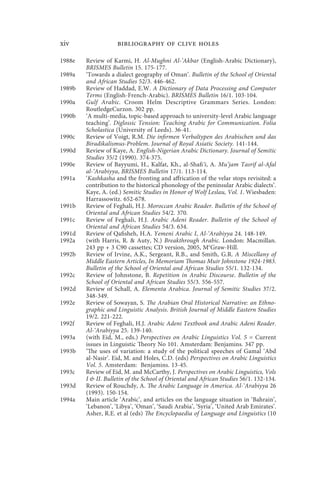 xiv                 bibliography of clive holes

1988e   Review of Karmi, H. Al-Mughni Al-’Akbar (English-Arabic Dictionary),
        BRISMES Bulletin 15. 175-177.
1989a   ‘Towards a dialect geography of Oman’. Bulletin of the School of Oriental
        and African Studies 52/3. 446-462.
1989b   Review of Haddad, E.W. A Dictionary of Data Processing and Computer
        Terms (English-French-Arabic). BRISMES Bulletin 16/1. 103-104.
1990a   Gulf Arabic. Croom Helm Descriptive Grammars Series. London:
        RoutledgeCurzon. 302 pp.
1990b   ‘A multi-media, topic-based approach to university-level Arabic language
        teaching’. Diglossic Tension: Teaching Arabic for Communication. Folia
        Scholastica (University of Leeds). 36-41.
1990c   Review of Voigt, R.M. Die infirmen Verbaltypen des Arabischen und das
        Biradikalismus-Problem. Journal of Royal Asiatic Society. 141-144.
1990d   Review of Kaye, A. English-Nigerian Arabic Dictionary. Journal of Semitic
        Studies 35/2 (1990). 374-375.
1990e   Review of Bayyumi, H., Kalfat, Kh., al-Shafi‘i, A. Mu‘jam Tasrif al-Afal
        al-‘Arabiyya, BRISMES Bulletin 17/1. 113-114.
1991a   ‘Kashkasha and the fronting and affrication of the velar stops revisited: a
        contribution to the historical phonology of the peninsular Arabic dialects’.
        Kaye, A. (ed.) Semitic Studies in Honor of Wolf Leslau, Vol. 1. Wiesbaden:
        Harrassowitz. 652-678.
1991b   Review of Feghali, H.J. Moroccan Arabic Reader. Bulletin of the School of
        Oriental and African Studies 54/2. 370.
1991c   Review of Feghali, H.J. Arabic Adeni Reader. Bulletin of the School of
        Oriental and African Studies 54/3. 634.
1991d   Review of Qafisheh, H.A. Yemeni Arabic I, Al-‘Arabiyya 24. 148-149.
1992a   (with Harris, R. & Auty, N.) Breakthrough Arabic. London: Macmillan.
        243 pp + 3 C90 cassettes; CD version, 2005, McGraw-Hill.
1992b   Review of Irvine, A.K., Sergeant, R.B., and Smith, G.R. A Miscellany of
        Middle Eastern Articles, In Memoriam Thomas Muir Johnstone 1924-1983.
        Bulletin of the School of Oriental and African Studies 55/1. 132-134.
1992c   Review of Johnstone, B. Repetition in Arabic Discourse. Bulletin of the
        School of Oriental and African Studies 55/3. 556-557.
1992d   Review of Schall, A. Elementa Arabica. Journal of Semitic Studies 37/2.
        348-349.
1992e   Review of Sowayan, S. The Arabian Oral Historical Narrative: an Ethno-
        graphic and Linguistic Analysis. British Journal of Middle Eastern Studies
        19/2. 221-222.
1992f   Review of Feghali, H.J. Arabic Adeni Textbook and Arabic Adeni Reader.
        Al-‘Arabiyya 25. 139-140.
1993a   (with Eid, M., eds.) Perspectives on Arabic Linguistics Vol. 5 = Current
        issues in Linguistic Theory No 101. Amsterdam: Benjamins. 347 pp.
1993b   ‘The uses of variation: a study of the political speeches of Gamal ‘Abd
        al-Nasir’. Eid, M. and Holes, C.D. (eds) Perspectives on Arabic Linguistics
        Vol. 5. Amsterdam: Benjamins. 13-45.
1993c   Review of Eid, M. and McCarthy, J. Perspectives on Arabic Linguistics, Vols
        I & II. Bulletin of the School of Oriental and African Studies 56/1. 132-134.
1993d   Review of Rouchdy, A. The Arabic Language in America. Al-‘Arabiyya 26
        (1993). 150-154.
1994a   Main article ‘Arabic’, and articles on the language situation in ‘Bahrain’,
        ‘Lebanon’, ‘Libya’, ‘Oman’, ‘Saudi Arabia’, ‘Syria’, ‘United Arab Emirates’.
        Asher, R.E. et al (eds) The Encyclopaedia of Language and Linguistics (10
 