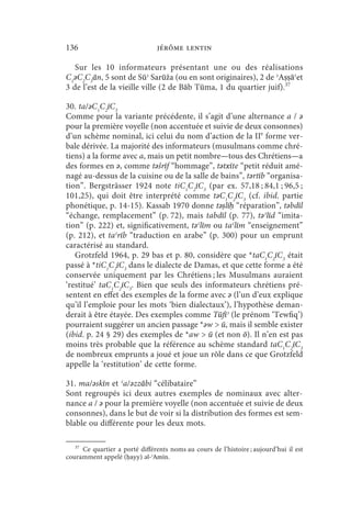 136                             jérôme lentin

   Sur les 10 informateurs présentant une ou des réalisations
C1ǝC2C3ān, 5 sont de Sūʾ Sarūža (ou en sont originaires), 2 de ʾAṣṣāʿet
3 de l’est de la vieille ville (2 de Bāb Tūma, 1 du quartier juif).37

30. ta/ǝC1C2īC3
Comme pour la variante précédente, il s’agit d’une alternance a / ǝ
pour la première voyelle (non accentuée et suivie de deux consonnes)
d’un schème nominal, ici celui du nom d’action de la IIe forme ver-
bale dérivée. La majorité des informateurs (musulmans comme chré-
tiens) a la forme avec a, mais un petit nombre—tous des Chrétiens—a
des formes en ǝ, comme tǝšrīf “hommage”, tǝtxīte “petit réduit amé-
nagé au-dessus de la cuisine ou de la salle de bains”, tǝrtīb “organisa-
tion”. Bergsträsser 1924 note tiC1C2īC3 (par ex. 57,18 ; 84,1 ; 96,5 ;
101,25), qui doit être interprété comme tǝC1C2īC3 (cf. ibid. partie
phonétique, p. 14-15). Kassab 1970 donne tǝṣlīḥ “réparation”, tǝbdīl
“échange, remplacement” (p. 72), mais tabdīl (p. 77), tǝʾlīd “imita-
tion” (p. 222) et, significativement, tǝʿlīm ou taʿlīm “enseignement”
(p. 212), et taʿrīb “traduction en arabe” (p. 300) pour un emprunt
caractérisé au standard.
   Grotzfeld 1964, p. 29 bas et p. 80, considère que *taC1C2īC3 était
passé à *tiC1C2īC3 dans le dialecte de Damas, et que cette forme a été
conservée uniquement par les Chrétiens ; les Musulmans auraient
‘restitué’ taC1C2īC3. Bien que seuls des informateurs chrétiens pré-
sentent en effet des exemples de la forme avec ǝ (l’un d’eux explique
qu’il l’emploie pour les mots ‘bien dialectaux’), l’hypothèse deman-
derait à être étayée. Des exemples comme Tūfīʾ (le prénom ‘Tewfiq’)
pourraient suggérer un ancien passage *ǝw  ū, mais il semble exister
(ibid. p. 24 § 29) des exemples de *aw  ū (et non ō). Il n’en est pas
moins très probable que la référence au schème standard taC1C2īC3
de nombreux emprunts a joué et joue un rôle dans ce que Grotzfeld
appelle la ‘restitution’ de cette forme.

31. ma/ǝskīn et ʿa/ǝzzābi “célibataire”
Sont regroupés ici deux autres exemples de nominaux avec alter-
nance a / ǝ pour la première voyelle (non accentuée et suivie de deux
consonnes), dans le but de voir si la distribution des formes est sem-
blable ou différente pour les deux mots.

   37
     Ce quartier a porté différents noms au cours de l’histoire ; aujourd’hui il est
couramment appelé (ḥayy) ǝl-ʾAmīn.
 