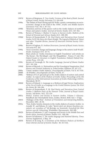 xvi                 bibliography of clive holes

1997d   Review of Bergtsson, P. Two Arabic Versions of the Book of Ruth. Journal
        of Royal Asiatic Society 3rd series 7/3. 434-436.
1998a   ‘The Debate of Pearl-Diving and Oil-Wells: a poetic commentary on socio-
        economic change in the Gulf of the 1930s’, Arabic and Middle Eastern
        Literatures Vol 1 No 1. 87-112.
1998b   ‘Retention and loss of the passive verb in the Arabic dialects of northern
        Oman and eastern Arabia’. Journal of Semitic Studies 43/2. 347-362.
1998c   Review of Watson, J. Sbahtu! A Course in San‘ani Arabic. Bulletin of the
        School of Oriental and African Studies 61/1. 208-209.
1998d   Review of Kurpershoek, P. M. Oral Poetry and Narratives from Central
        Arabia Vol II: the Story of a Desert Knight. The Legend of Shlewih al-‘Atawi
        and other ‘Utaybah Heroes, Journal of American Oriental Society 118.1.
        106-108.
1998e   Review of Ingham, B. Arabian Diversions, Journal of Royal Asiatic Society
        3rd series 8/2. 261.
1999a   ‘Socio-economic change and language change in the eastern Arab World’.
        Etudes Asiatiques 53/1. 45-74.
1999b   Main article on ‘Arabic Literature in English Translation’ and articles on
        ‘the Koran’, ‘the Mu‘allaqāt’, and ‘the Muqaddima’. France, P. (ed.) The
        Oxford Guide to Literature in English Translation. Oxford: Oxford Uni-
        versity Press. 139-149.
1999c   Review of Versteegh, K. The Arabic Language, Journal of Islamic Studies
        10/1. 101-104.
1999d   Review of Shryock, A. Nationalism and the Genealogical Imagination: Oral
        History and Textual Authority in Tribal Jordan, Edebiyat 10. 167-172.
2000a   ‘Uman: modern Arabic dialects’, Encyclopaedia of Islam, Vol X. 817-818.
2000b   ‘Al-Wahiba’, Encyclopaedia of Islam, Vol XI. 47.
2000c   ‘Reflexes of CLA qad and qat in the Arabic dialects of eastern and central
        Arabia’. In Aspects of the Dialects of Arabic Today: Proceedings of the 4th
        Conference of the International Association of Arabic Dialectology (AIDA),
        Marrakesh. 88-97.
2000d   Review of Edzard, L. Language as a Medium of Legal Norms: Implications
        of the Use of Arabic as a Language in the United Nations System, Die Welt
        des Islams 40. 104-106.
2000e   Review of Kurpershoek, P. M. Oral Poetry and Narratives from Central
        Arabia 3: Bedouin Poets of the Dawasir Tribe, Journal of Royal Asiatic
        Society, 3rd Series, 10/2. 222-224.
2001a   Dialect, Culture and Society in Eastern Arabia, Volume I: Glossary.
        Handbuch der Orientalistik Series. Leiden, Boston: Brill. lxiii + 573pp.
2001b   ‘Dialogue of the Deaf ’. Institute of Translation and Interpreting Bulletin,
        December 2001. 28-30.
2002a   ‘Non-Arabic Semitic elements in the Arabic dialects of eastern Arabia’, in
        Arnold, W. and Bobzin, H. (eds) “Sprich doch mit deinen Knechten ara-
        mäisch, wir verstehen es!” 60 Beiträge zur Semitistik. Festschrift für Otto
        Jastrow zum 60. Geburtstag. Wiesbaden: Harrassowitz. 269-280.
2002b   Review of Suleiman, Y. (ed.) Language and Society in the Middle East and
        North Africa, Journal of Islamic Studies 13/1. 100-106.
2003a   Review of Suleiman, Y. The Arabic language and National Identity, Times
        Literary Supplement, 2 May. 29.
2003b   Review of de Jong, R. A Grammar of the Bedouin Dialects of Northern
        Sinai Littoral, Journal of Semitic Studies 48. 413-416.
 