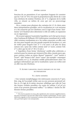 156                              jérôme lentin

fonction de ces paramètres ; il est cependant frappant de constater
que les 5 inf. (n° 10 à 14) ayant la proportion la plus élevée de o sont
tous chrétiens (le sixième Chrétien, inf. n° 5, originaire de la vieille
ville, se situant au milieu de ceux qui ont un pourcentage
moindre).
   On a, comme pour plusieurs des variantes du § 5, le choix entre
deux interprétations possibles : soit la vocalisation en o est ancienne
et a été conservée par les Chrétiens ; soit il s’agit d’une forme ‘chré-
tienne’ (et il faudrait alors déterminer si elle est stable, en expansion
ou en régression).
   On ne peut appuyer la première hypothèse sur le fait qu’on trouve
chez Cantineau  Helbaoui 1953 (informateur musulman de la vieille
ville) certaines vocalisations en o : les verbes concernés, en effet, sont
de ceux pour lesquels une très grande majorité de locuteurs a o, soit
de verbes pour lesquels l’inf. n° 5 a lui aussi o ; de plus les deux
auteurs ont e pour des verbes comme xalaʿ et ʿazam, comme l’inf.
n° 5, alors que les inf. n° 10 à 14 ont o.
   L’ hypothèse d’une forme ‘chrétienne’ semble plus cohérente, a
contrario pour les raisons qui viennent d’être dites, ensuite parce que,
pour certains verbes au moins (ḥamal “emporter”, ʿazal “mettre à
l’écart”, ʾafal “fermer à clef”, kasar “casser” par exemple—remarquer
les sonantes en C3), la situation semble particulièrement claire : les
quelques informateurs qui ont la vocalisation o pour ces verbes sont
en effet tous des Chrétiens.

         9. Autres variantes ; traits disparus ou en voie
                         de disparition

                              9.1. Autres variantes
– Une variante morphologique très intéressante concerne la 3e pers.
fém. sing. de l’accompli verbal, sans ou avec pronom personnel suf-
fixe et—il s’agit de la même structure syllabique que celle de l’une
des formes verbales possibles—les noms de schème C1aC2aC3a/e
suivis d’un pronom personnel suffixe.53 Le tableau 3 donne les dif-
férentes formes possibles:
   53
       N.B. Sont ici passées en revue, plus rapidement, des variantes supplémentaires,
qui pour l’essentiel n’ont pas fait l’objet d’une enquête systématique. Il nous a paru
utile de les signaler et d’en commenter certaines, pour indiquer des pistes de recher-
ches qu’il faut espérer voir entreprendre.
 