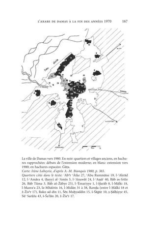 l’arabe de Damas à la fin des années 1970                     167




La ville de Damas vers 1980. En noir: quartiers et villages anciens, en hachu-
res rapprochées: débuts de l’extension moderne; en blanc: extension vers
1980; en hachures espacées: Ġūṭa.
Carte: Irène Labeyrie, d’après A.-M. Bianquis 1980, p. 365.
Quartiers cités dans le texte: ʾAbǝr ʿĀtke 27, ʾAbu Rummāne 19, l-ʾAkrād
12, l-ʿAmāra 4, (ḥayy) ǝl-ʾAmīn 5, l-ʾAnawāt 24, l-ʾAṣṣāʿ 40, Bāb ǝs-Srīže
26, Bāb Tūma 3, Bāb ǝž-Žābye 25), l-ʾĒmariyye 1, l-Ḫarāb 8, l-Mālki 18,
l-Mazraʿa 23, lǝ-Mhāžrīn 16, l-Mīdān 31 à 38, Rawḍa (entre l-Mālki 18 et
ž-Žisǝr 17), Rǝkn ǝd-dīn 11, Šēx Muḥyǝddīn 15, š-Šāġūr 10, ṣ-Ṣālḥiyye 45,
Sūʾ Sarūža 43, š-Šaʿlān 20, ž-Žisǝr 17.
 
