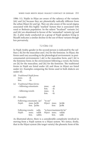 when najd meets hijaz: dialect contact in jeddah 211

1986: 11). Najdis in Hijaz are aware of the saliency of the variants
[dz] and [ts] because they are phonetically radically different from
the urban Hijazi [k] and [g]. They are also aware of the social stigma
associated with this highly ‘marked’ feature that is associated with
rural or Bedouin population. So the salient “localised” variants [ts]
and [dz] are abandoned in favour of the ‘unmarked’ variants [g] and
[k]. A pilot study conducted on a group of Najdi speakers living in
Riyadh indicates a similar decline in the use of these variants though
less pervasively.

                               7.2 Clitic (-k)
In Najdi Arabic gender in the second person is indicated by the suf-
fixes [-ik] for the masculine and [-its] for the feminine. In Hijazi, the
forms used vary according to the phonological environment: in post-
consonantal environments [-ak] is the masculine form, and [-ik] is
the feminine form; in the environment following a vowel, the forms
are [k] for the masculine, and [ki] for the feminine. The traditional
forms in Najdi are listed under (d) and those in Hijazi are listed
under (e). Examples comparing the forms used in both dialects are
under (f).
(d) Traditional Najdi forms
    masc.       -ik
    fem.        -its
(e) Traditional Hijazi forms
    – following consonants           masc.   –ak
                                     fem.    –ik
      – following vowels             masc.   –k
                                     fem.    –ki
(f)   Examples:
      Following consonants: ʃa:f     “to see”
      Najdi:      masc. ʃa:fik       Hijazi: masc.    ʃa:fak
                  fem. ʃa:fits                fem:    ʃa:fik

      Following vowels:    xalla     “to leave/maintain/let be”
      Najdi:      masc.    xallik    Hijazi: masc. xallak
                  fem.     xallits            fem.    xalki
As illustrated above, there is a considerable complexity involved in
moving from a Najdi system to a Hijazi system. We notice, firstly,
that in the Hijazi system (the target variety) the phonetic form of the
 