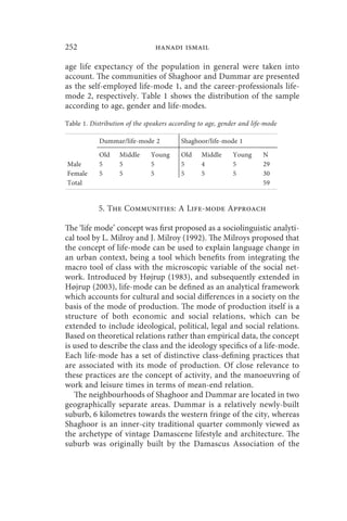 252                             hanadi ismail

age life expectancy of the population in general were taken into
account. The communities of Shaghoor and Dummar are presented
as the self-employed life-mode 1, and the career-professionals life-
mode 2, respectively. Table 1 shows the distribution of the sample
according to age, gender and life-modes.

Table 1. Distribution of the speakers according to age, gender and life-mode

            Dummar/life-mode 2           Shaghoor/life-mode 1
            Old    Middle     Young      Old    Middle      Young      N
Male        5      5          5          5      4           5          29
Female      5      5          5          5      5           5          30
Total                                                                  59


            5. The Communities: A Life-mode Approach

The ‘life mode’ concept was first proposed as a sociolinguistic analyti-
cal tool by L. Milroy and J. Milroy (1992). The Milroys proposed that
the concept of life-mode can be used to explain language change in
an urban context, being a tool which benefits from integrating the
macro tool of class with the microscopic variable of the social net-
work. Introduced by Højrup (1983), and subsequently extended in
Højrup (2003), life-mode can be defined as an analytical framework
which accounts for cultural and social differences in a society on the
basis of the mode of production. The mode of production itself is a
structure of both economic and social relations, which can be
extended to include ideological, political, legal and social relations.
Based on theoretical relations rather than empirical data, the concept
is used to describe the class and the ideology specifics of a life-mode.
Each life-mode has a set of distinctive class-defining practices that
are associated with its mode of production. Of close relevance to
these practices are the concept of activity, and the manoeuvring of
work and leisure times in terms of mean-end relation.
   The neighbourhoods of Shaghoor and Dummar are located in two
geographically separate areas. Dummar is a relatively newly-built
suburb, 6 kilometres towards the western fringe of the city, whereas
Shaghoor is an inner-city traditional quarter commonly viewed as
the archetype of vintage Damascene lifestyle and architecture. The
suburb was originally built by the Damascus Association of the
 