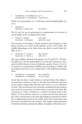 the variable (h) in damascus                    255

1.   /mnəħki:ha/ ⇒ /mnəħkija/ we say it
     /mnəʃwi:hɔn/ ⇒ /mnəʃwijɔn/ we grill them
When /h/ is preceded by /u:/, it alternates with the bilabial glide [w],
as in:
2.   /ʃa:fu:ha/ ⇒
     /ʃabu:hɔn/ ⇒ /ʃabuwɔn/        their father
The [j] and [w] can be geminated in compensation for the loss of
vowel length, as the examples below show.
3.   /ʃi:li:ha/ ⇒ /ʃi:lijja/       take it off!
     /ʃi:mi:hɔn/ ⇒ /ʃi:mijjɔn/     take them away!
The insertion of the glide is clearly related to the emergence of the
hiatus position as a result of the deletion of [h] in the suffix. The
syllable phonology in the dialect does not allow a vowel initial syl-
lable, as in 4.
4.   /ax.du:.ha/ ⇒ * ax.du:.a      they took her
     /ħa:.ki:.ha/ ⇒ * ħa:.ki:. a   talk to her!
The open syllables allowed in the dialect are CV and CVV. The bila-
bial glide [w] and the palatal glide [j] are the best intrusive conso-
nants to fill the hiatus in terms of phonetic quality. Hence, [w] or [j]
is inserted as a compensatory syllable onset according to whether the
preceding vowel is [u:] or [i:], respectively, as the following examples
show:
5.   /sammu:ha/ ⇒ /sammuwa/        they named her
     /mnəħki:ha/ ⇒ /mnəħkija/      we say it (fem.)
As for the two other vowels which are allowed before the suffixes /
ha/ and /hon/, namely /a:/ and /e:/, the data show that the h-ful form
occurs nearly categorically after the mid vowel /e:/ as in /ʕale:hᴐn/
on them. This environment was, therefore, excluded from the analysis
since very few occurrences of /e:ha/ tokens occurred in the data. The
occurrence of /e:ha/ is limited to a number of lexical items in the
dialect. As far as the low vowel /a:/ is concerned, the data show that
the /a:ha/ environment is the only phonological environment where
[h] is obligatorily present in the suffix; hence this environment has
also been excluded from the analysis. This applies indiscriminately
to both the feminine and plural suffixes. Examples of the latter envi-
 
