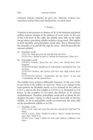 256                            hanadi ismail

ronment include /ʕɑṭɑ:ha/ he gave her, /bala:ha/ without her,
/wara:hᴐn/ behind them and /ʕməlna:hᴐn/ we made them.

                                  7. Stress

Variation in the presence or absence of /h/ in the feminine and plural
suffixes induces changes in the patterns of word stress. In the case
of the h-ful form of the suffix, the syllable stress falls on the suffix
except when a preceding syllable includes a long vowel. This applies
to both disyllabic and polysyllabic words alike. This is illustrated by
the examples in 6a and 6b (the sign for stress ` directly precedes the
stressed syllable):
6a    Disyllabic words
      CVC # ha: /mən`ha/ from her and /ʃəl`hᴐn/ for them.
      CVVC # ha: /`ʃa:lha/ he took it, /`be:tha/ her house and /`fi:ha/ in it.
6b    Polysyllabic words
      CVCVC# ha/hon: / ʃə x ə t`ha/ her sister and /b ə n ə t`h ᴐ n/ their
      daughter.
      CVCCVC# ha/hon: /ʃarʃaħ`ha/ he ridiculed her and /ḍɑrbət`hᴐn / she
      hit them.
      CVCCVV# ha/hon: /ṭɑʕ`mi:ha/ feed her! and /daʃʃ`ri:hᴐn/ leave
      them!
      CVVCVCVC# ha/hon: /` ṭɑ :la ʕə tha/ she has taken it out and
      /`fa:taħəthᴐn/ she has opened them.
The syllable stress patterns differently, however, in the case of the
h-zero form of the suffixes /a/ and /on/. There is no change in the
stress pattern for disyllabic words, as it is retained on the suffix in
CVC# a, and on the first syllable in CVVC# a, as illustrated in (7a)
below. As the examples in (7b) show, the deletion of /h/ induces
resyllabification. Therefore, polysyllabic words such as /bənət`ha/ her
daughter becomes /`bənta/ in which case the stress falls on the first
syllable. As far as polysyllabic words are concerned, the stress falls
on the penultimate syllable as in (7b)
7a    Disyllabic words
      CVC # a/on: /mən`na/ /mən`ha/ from her and /ʃə`lᴐn/ /ʃəl`hᴐn/ ‘for
      them’.
      CVVC # a/on: /`ʃa:la/ /`ʃa:lha/ he took it, /`be:ta/ /`be:tha/ her house
      and /`fija/ /`fi:ha/ in it,
      CVCC# a/on: /`əxta/ /`əxtha/ her sister and /`ʃəftᴐn/ /`ʃəfthᴐn/ I saw
      them.
 