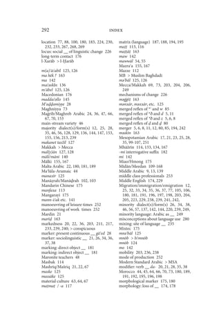 292                                    index

location 77, 88, 100, 180, 183, 224, 230,    matrix (language) 187, 188, 194, 195
  232, 233, 267, 268, 269                    ma 113, 116
locus: social __ of linguistic change 226    ma ā 163
long-term contact 176                        maw 142
l-Xarāb  l- arāb                            mawwāl 54, 55
                                             Mazra a 155, 167
m(a) ā/abīl 125, 126                         Mazze 112
ma hēk ? 163                                 MB  Muslim Baghdadi
ma 142                                       mǝ bāl 125, 126
ma/ǝskīn 136                                 Mecca/Makkah 69, 73, 203, 204, 206,
m ābel 125, 126                                249
Macedonian 176                               mechanisms of change 226
madda/ǝllo 145                               mǝġġē 163
M a amiyye 28                                mǝnxār, mǝxxār, etc. 125
Maghniyya 73                                 merged reflex of * and w 85
Maġrib/Maghreb Arabic 24, 36, 47, 66,        merged reflex of *ð and d 5, 11
 67, 70, 153                                 merged reflex of *ð and z 5, 6, 8
main-stream variety 46                       merged reflex of and 80
majority dialect(s)/form(s) 12, 25, 28,      merger 5, 6, 8, 11, 12, 80, 85, 194, 242
 35, 46, 56, 128, 129, 136, 144, 147, 153,   mǝskīn 163
 155, 156, 213, 239                          Mesopotamian Arabic 17, 21, 23, 25, 28,
makanet tasžīl 127                             35, 99-107, 251
Makkah  Mecca                               Mhāžrīn 114, 133, 134, 167
mal(y)ān 127, 128                            -mi interrogative suffix 182
māli/māni 140                                mi 142
Mālki 155, 167                               Miao/Hmong 175
Malta Arabic 22, 180, 181, 189               Mīdān/Meedan 109-168
Ma lūla-Aramaic 44                           Middle Arabic 9, 13, 139
manaxīr 125                                  middle class professionals 253
Manā rah/Manā rah 102, 103                   Middle English 174, 229
Mandarin Chinese 175                         Migration/immigration/emigration 12,
manfaxa 113                                    25, 32, 33, 34, 35, 36, 37, 77, 105, 106,
Mangarayi 175                                  180, 181, 191, 196, 197, 198, 203, 204,
mann-i/ak etc. 141                             205, 223, 229, 238, 239, 241, 242,
manoeuvring of leisure times 252             minority dialect(s)/form(s) 26, 34, 38,
manoeuvring of work times 252                  46, 56, 57, 137, 142, 144, 220, 239, 249,
Mardin 21                                    minority language: Arabic as __ 249
marī 163                                     misconceptions about language use 280
markedness 20, 22, 36, 203, 211, 217,        mixing: site of language __ 235
 233, 239, 240;  conspicuous                Mixtec 175
marker: present continuous __ gā ed 28       mnǝ bāl 125
marker: sociolinguistic __ 21, 26, 34, 36,   mnōb  b/mnōb
 37, 38                                      mnōb 124
marking: direct object __ 181                mo 142
marking: indirect object __ 181              mobility 203, 236, 238
Maronite teachers 48                         mode of production 252
Masbak 114                                   Modern Standard Arabic  MSA
Mashriq/Mašriq 21, 22, 67                    modifier: verb __ da- 20, 21, 28, 35, 38
maske 125                                    Morocco 44, 45, 64, 66, 70, 73, 180, 189,
massāke 125                                    191, 192, 195, 196, 198
material culture 63, 64, 67                  morphological marker 175, 180
ma ma / -a 117                               morphology: loss of __ 174, 178
 