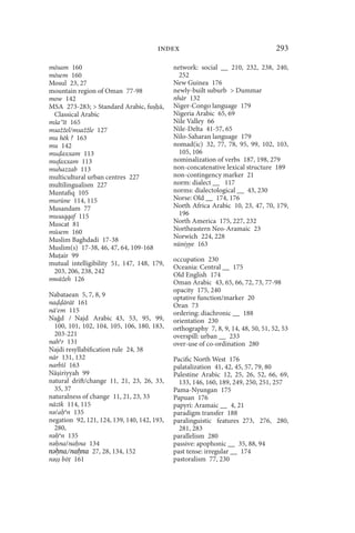 index                                       293

mōsam 160                                    network: social __ 210, 232, 238, 240,
mōsem 160                                      252
Mosul 23, 27                                 New Guinea 176
mountain region of Oman 77-98                newly-built suburb  Dummar
mow 142                                      nhār 132
MSA 273-283;  Standard Arabic, fu ā,        Niger-Congo language 179
 Classical Arabic                            Nigeria Arabic 65, 69
mša īt 165                                   Nile Valley 66
msažžel/msažžle 127                          Nile-Delta 41-57, 65
mu hēk ? 163                                 Nilo-Saharan language 179
mu 142                                       nomad(ic) 32, 77, 78, 95, 99, 102, 103,
mu axxam 113                                   105, 106
mufaxxam 113                                 nominalization of verbs 187, 198, 279
muhazzab 113                                 non-concatenative lexical structure 189
multicultural urban centres 227              non-contingency marker 21
multilingualism 227                          norm: dialect __ 117
Muntafiq 105                                 norms: dialectological __ 43, 230
murūne 114, 115                              Norse: Old __ 174, 176
Musandam 77                                  North Africa Arabic 10, 23, 47, 70, 179,
musaqqaf 115                                   196
Muscat 81                                    North America 175, 227, 232
mūsem 160                                    Northeastern Neo-Aramaic 23
Muslim Baghdadi 17-38                        Norwich 224, 228
                                             nūniyye 163
Muslim(s) 17-38, 46, 47, 64, 109-168
Mu air 99
                                             occupation 230
mutual intelligibility 51, 147, 148, 179,
                                             Oceania: Central __ 175
 203, 206, 238, 242
                                             Old English 174
mwāžeh 126                                   Oman Arabic 43, 65, 66, 72, 73, 77-98
                                             opacity 175, 240
Nabataean 5, 7, 8, 9                         optative function/marker 20
na ārāt 161                                  Oran 73
nā em 115                                    ordering: diachronic __ 188
Na d / Najd Arabic 43, 53, 95, 99,           orientation 230
  100, 101, 102, 104, 105, 106, 180, 183,    orthography 7, 8, 9, 14, 48, 50, 51, 52, 53
  203-221                                    overspill: urban __ 233
nahǝr 131                                    over-use of co-ordination 280
Najdi resyllabification rule 24, 38
nār 131, 132                                 Pacific North West 176
narbīš 163                                   palatalization 41, 42, 45, 57, 79, 80
Nā iriyyah 99                                Palestine Arabic 12, 25, 26, 52, 66, 69,
natural drift/change 11, 21, 23, 26, 33,       133, 146, 160, 189, 249, 250, 251, 257
  35, 37                                     Pama-Nyungan 175
naturalness of change 11, 21, 23, 33         Papuan 176
nāzīk 114, 115                               papyri: Aramaic __ 4, 21
nǝ/a ǝn 135                                  paradigm transfer 188
negation 92, 121, 124, 139, 140, 142, 193,   paralinguistic features 273, 276, 280,
  280,                                         281, 283
nǝ ǝn 135                                    parallelism 280
nǝ na/na na 134                              passive: apophonic __ 35, 88, 94
nǝḥna/naḥna 27, 28, 134, 152                 past tense: irregular __ 174
nǝ bō 161                                    pastoralism 77, 230
 
