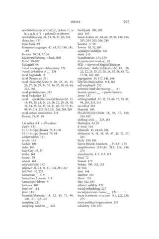 index                                          295

resyllabification of C1aC2C3 (where C2 is       Sardiyyah 100, 103
    , x, ġ, h or )  gahawah syndrome           sātet 165
resyllabification 24, 33, 38, 81, 83, 256       Saudi Arabia 67, 68, 69, 70, 99, 180, 190,
rhotacism 151                                      203, 204, 205, 206, 249
Rijāl Alma 69                                   Šawāwī 77-98
Romance languages 42, 43, 67, 180, 181,         Šāwiya 18, 32, 105
  189                                            aydaliyye/ ēdaliyye 161
Rosetta 50, 51, 52, 56                          sāye 113
Rückverschiebung  back shift                   Scandinavian 174, 179
Rufai 99-107                                    šē (existential marker) 92
Rufaydah 68                                     SED  Survey of English Dialects
‘rural’ as category obfuscatory 231             sedentary dialect(s)/feature(s) 18, 20,
‘rural’: definition of __ 231                      21, 22, 23, 25, 27, 28, 34, 35, 36, 65, 72,
rural Baghdadi 18                                  77-98, 102, 206
rural Damascus 251                              segregation 34, 117, 141, 166
rural dialect(s)/features 20, 23, 24, 25,       Šē /Šēx Mu yǝddīn 114, 167
  26, 27, 28, 29, 34, 35. 36, 37, 38, 41, 94,   self-employed 252
  223, 266,                                     semantic load: decreasing __ 191
rural gentrification 233                        Semitic: proto- __  proto-Semitic
rural Jordanian 12                              šǝnno 137
rural speaker(s)/area(s)/feature(s) 12,         settling/settled 17, 32, 55, 66, 77, 78, 81,
  18, 19, 20, 23, 24, 25, 26, 27, 28, 29, 30,      94, 205, 231, 241
  32, 34, 35, 36, 37, 38, 41, 66, 73, 77, 81,   sex effect 263
  94, 95, 211, 223-242, 251, 266, 268, 269      Sharārāt 100
rural-urban similarities 231                    Shi ah/Shi i(te)/Shiite 33, 36, 37, 100,
Rustāq 79, 81, 89                                  104, 105
                                                shifting: style __ 223, 265
š as reflex of k  affrication                  Shukriyya 64, 65
 / ǝf ǝr 133                                    ši ǝnno 164
S1 ( S-type Oman) 79, 81, 94                   Sibawaih 43, 44, 60, 206
S2 ( S-type Oman) 79, 94                       sibilant(s) 6, 41, 44, 45, 47, 49, 52, 57,
sabbā /sǝbbā 161                                   265
sa alla 163                                     Sicily 180, 181
Sā dah 104                                      Sierra Miwok: Southern __ (USA) 175
sādes 165                                       simplification 173-184, 212, 239, 240,
Sadr City 33, 37                                   274
ša o 163                                        simultaneity 4, 5, 113, 118
Saimā 79                                        Sinai 72
sakaža 163                                      Siouan 175
 ála/ alá/ alā́ 162                             Sir ān 100, 102, 103
salience 21, 24, 34, 81, 104, 211, 227          šīt 164
Sal /Sult 32, 257                               šiyāt 164
Samaritan __ 5, 9                               skarbīne 161
Samaritan Aramaic 5, 9                          Slavic 176
Samaritan Hebrew 9                                lūt 102, 103
Samawa 104                                       ōbya/e, ōb(b)a 122
šāmi atī 114                                    social embedding 227
šāmi 114                                        social processes: causal __ 224
Šammar/Shammar 18, 32, 43, 71, 99,              socio-economic structure 111, 229, 250,
   100, 101, 102, 103                              275
sampling 224                                    socio-political organization 253
sampling: random __ 228                         solidarity 236, 253
 