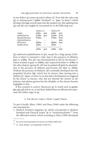 the g/ -question in egyptian arabic revisited                      45
in one dialect /g/ comes up and in others /d/. If we take the velar stop
[g] as starting point (*gǝbha “forehead” vs. *gǝzz “to shear”) which
develops through several steps into the modern [ʒ], this splitting into
[g] and [d] can roughly be accounted for in the following way.

                                dialects A              dialects B
      origin                    gǝbha        gǝzz         gǝbha       gǝzz
      palatalisation            g jǝbha gǝzz              g jǝbha g jǝzz
      depalatalisation          d jǝbha ---               d jǝbha d jǝzz
      depalatalisation          ---          ---          ---         dǝzz
      affrication               ʤǝbha ---                 ʤǝbha dǝzz
      deaffrication             ʒǝbha        ---          ʒǝbha       ---
                                ___________________________________________
                                ʒǝbha        gǝzz         ʒǝbha       dǝzz

[g] underwent palatalisation to [g j], except for a large group of dia-
lects A where it remained a velar stop in the presence of sibilants:
gǝzz vs. g jǝbha. This [g j] was misinterpreted as [dj] by the hearers,14
which resulted in gǝzz vs. djǝbha, and, respectively d jǝzz vs. d jǝbha in
the other dialects (group B). [dj] lost its palatal off-glide by dissimila-
tion in the presence of sibilants and became [d]: dǝzz vs. djǝbha.
Without the presence of sibilants, [dj] eventually developed into the
prepalatal fricative [ʤ], which lost its closure, thus turning into a
sibilant [ʒ]. Again, we have to see this latter development as triggered
by the hearer or learner, who did not identify the closure as the
primary articulation gesture but the off-glide, so the closure became
negligible to him.
   If this scenario is correct, Moroccan /g/ in words such as gǝzzār,
glǝs, gza, gīš and so on, is not back-shifted from an affricate but repre-
sents the oldest stage of /g/.

                3. The Blanc ()—Hary () Thesis

To put it briefly, Blanc (1981) and Hary (1996) make the following
two assumptions:
1. Modern Northern Egyptian /g/ which corresponds to Modern
   Standard and Classical Arabic /ǧ/ is “zurückverschoben”15 from
   the affricated variant, which according to Hary (1996) developed

14
     For such misinterpretations by hearers see Ohala (2005:421).
15
     I.e. “back-shifted”, see Bergsträßer (1928:157).
 