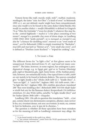 words and things                              71

   Yemeni forms like māfī, mawfā, mūfā, mīfa14, mabkal, madannā,
mad agah, the latter “eine Art Ofen” (“a kind of oven” in Behnstedt
1992 s.v.), are not defined; madrē might have been misunderstand,
since also madfē is to be found in the same dialect (Jabal Rāzi ); this
madfē in another dialect = madfā (Minabbih) is defined in Gingrich
74 as “Ofen für Getränke” (“oven for drinks”) whatever this may be,
in the central highlands = madvā is “a fire place consisting of two
stones”; mangal is a portable clay oven of drum shape, in Landberg
(1920-1942) 2816 “poële portatif”, so is mawqad; as mawgid it can
also be “a furnace for destilling resin”; manwar is an “oven made of
stone”, uʿd In Behnstedt (1996) is simply translated by “Backofen”,
mu ʿidih and masʿa eh as “kleiner uʿd”, “very small clay oven”, uʿd
is defined as “Dreifuss (zum Kochen)” = “tripod for cooking”, too.

                          5. To Light a Fire

The different forms for “to light a fire” at first glance seem to be
unequivocal. Forms derived from šʿl, wlʿ, wqd need not many com-
ments15. The latter, however, in some regions, has undergone a para-
digmatical change, e.g. in Egypt gād, ygīd or in Tunisia (Marāzīg)
gidē, yigdi or assānīya gda, yigdi. Some forms of the Arabian penin-
sula, however, are semantically tricky. One typical form is šabb, yšubb
an-nā mainly to be found in bedouin dialects. The sources consulted
give “to light, kindle a fire” (Holes 262b šabb (i) 1. “kindle (fire)”, 2.
“turn on light”, 3. “catch fire”, Ingham 1982: 143 šubb annār, 146 =
“to light the fire”, Ingham 1986: 284: yšubbūn awwhum: translated
288 “they were kindling a fire”; Behnstedt 2000: 515/516 n afir afar
w nšubb buh nā for the Šammar dialect; Kurpershoek 154 šabbihaw
nīrānhum. Cf. also Wehr šabba, yašubbu “to light, kindle (fire)” and
for Sudan Qāsim 384b šabb = ittaqadat.
    Landberg 1901: 136 calls in question this translation: “šabb ... n’est
pas, comme disent nos dictionnaires européens, allumer, mais raviver
le feu, en y éventant dessus, soit avec un éventoir, la main, ou, comme
le font les bédouins, avec le pan de la chemise...”.
    The question is whether all those specialists have been mistaken
as for the meaning of šabb as Landberg’s statement may allege. He

  14
     To be found mainly in the south (e.g. Aden).
  15
     A “last minute information” comes form the WAD questionnaire for Zabīd
(Samia Naïm): sarrag, nawwar, wle’.
 