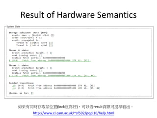 Result of Hardware Semantics
http://www.cl.cam.ac.uk/~sf502/popl16/help.html
如果有同時存取某位置(lock沒寫好)，可以看result資訊可提早看出。
 