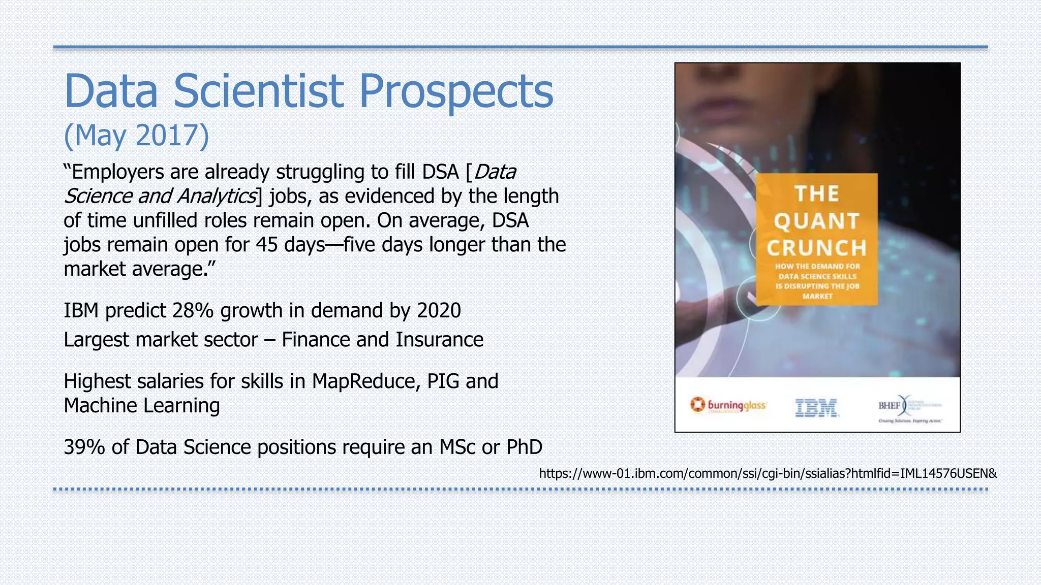 Data Scientist Prospects
(May 2017)
“Employers are already struggling to fill DSA [Data
Science and Analytics] jobs, as evidenced by the length
of time unfilled roles remain open. On average, DSA
jobs remain open for 45 days—five days longer than the
market average.”
IBM predict 28% growth in demand by 2020
Largest market sector – Finance and Insurance
Highest salaries for skills in MapReduce, PIG and
Machine Learning
39% of Data Science positions require an MSc or PhD
https://www-01.ibm.com/common/ssi/cgi-bin/ssialias?htmlfid=IML14576USEN&
 