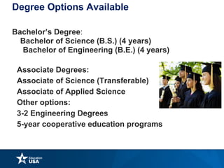 Degree Options Available
Bachelor’s Degree:
Bachelor of Science (B.S.) (4 years)
Bachelor of Engineering (B.E.) (4 years)
Associate Degrees:
Associate of Science (Transferable)
Associate of Applied Science
Other options:
3-2 Engineering Degrees
5-year cooperative education programs
 