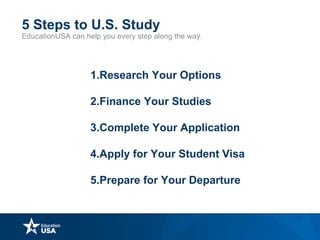 EducationUSA can help you every step along the way.
5 Steps to U.S. Study
1.Research Your Options
2.Finance Your Studies
3.Complete Your Application
4.Apply for Your Student Visa
5.Prepare for Your Departure
 