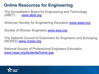 Online Resources for Engineering
The Accreditation Board for Engineering and Technology
(ABET) www.abet.org
American Society for Engineering Education www.asee.org
Society of Women Engineers www.swe.org
The National Council of Examiners for Engineers and Surveying
(NCEES) www.ncees.org
National Society of Professional Engineers Education
www.nspe.org/students/home.asp
 
