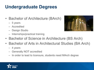 Undergraduate Degrees
• Bachelor of Architecture (BArch)
– 5 years
– Accredited
– Design Studio
– Internships/practical training
• Bachelor of Science in Architecture (BS Arch)
• Bachelor of Arts in Architectural Studies (BA Arch)
– 4 years
– Generally NOT accredited
– In order to lead to licensure, students need MArch degree
 