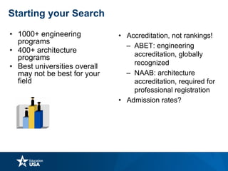 Starting your Search
• 1000+ engineering
programs
• 400+ architecture
programs
• Best universities overall
may not be best for your
field
• Accreditation, not rankings!
– ABET: engineering
accreditation, globally
recognized
– NAAB: architecture
accreditation, required for
professional registration
• Admission rates?
 