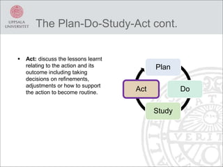 The Plan-Do-Study-Act cont.
 Act: discuss the lessons learnt
relating to the action and its
outcome including taking
decisions on refinements,
adjustments or how to support
the action to become routine.
Plan
Do
Study
Act
 